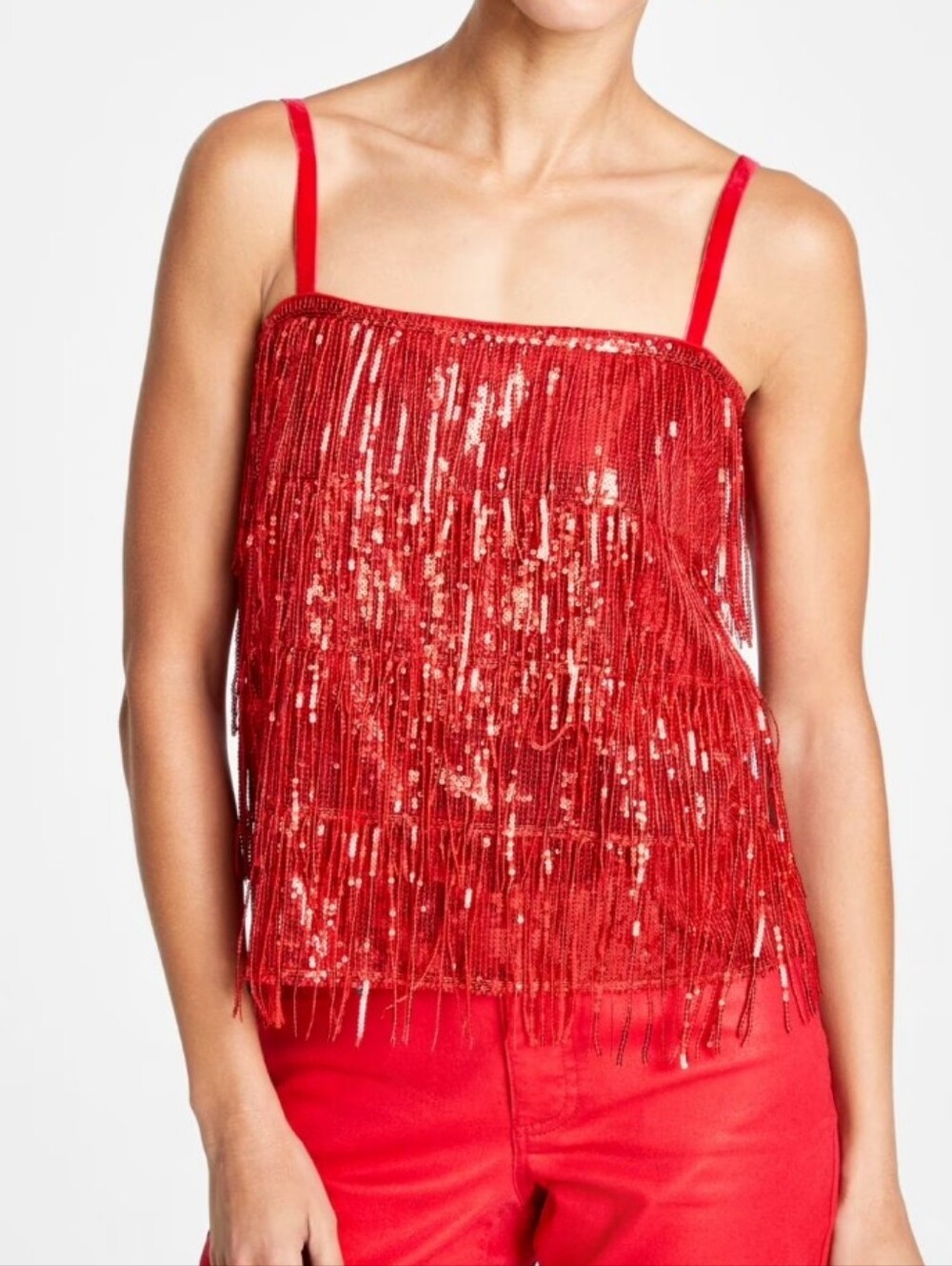 INC Red Sequin Fringe Top